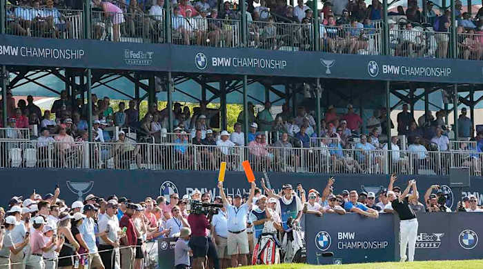 Matt Fitzpatrick watches his tee shot during the third round of the 2023 BMW Championship.